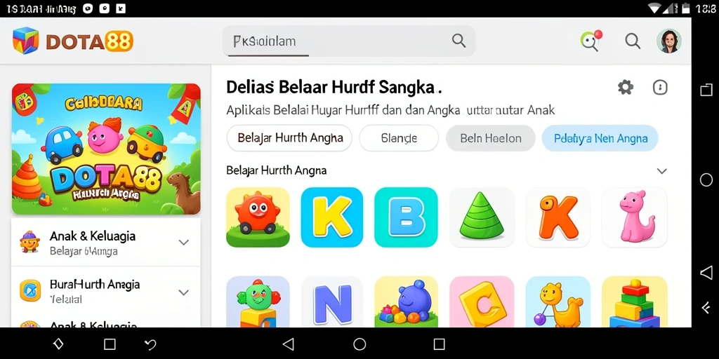 Tampilan antarmuka aplikasi DOTA88 untuk belajar huruf dan angka.