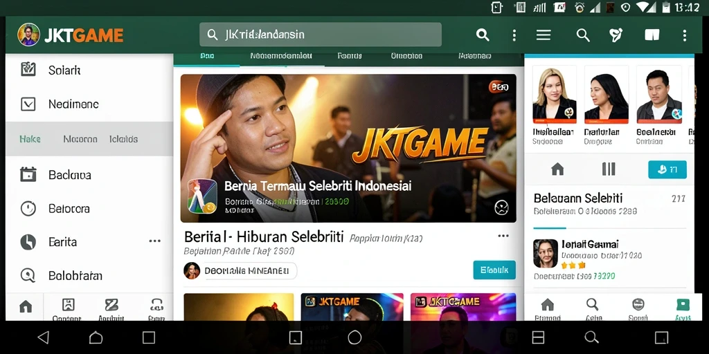 Tampilan antarmuka utama JKTGAME dengan berbagai artikel hiburan selebriti.