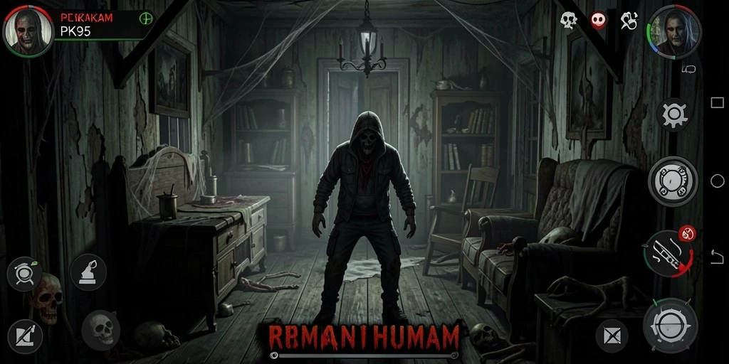 Tampilan antarmuka menegangkan saat menjelajahi rumah hantu.