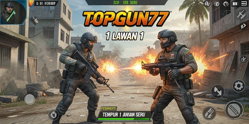Tampilan antarmuka pertempuran 1 lawan 1 di TOPGUN77 yang menegangkan.